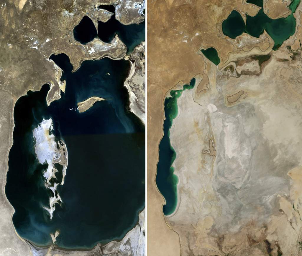 A comparison of the Aral Sea in 1989 (left) and 2014 (right). Photo: NASA