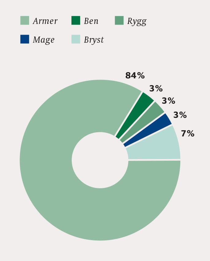 Figur 1 Affiserte muskelgrupper hos pasienter med treningsindusert rabdomyolyse ved Diakonhjemmet Sykehus (n = 31)