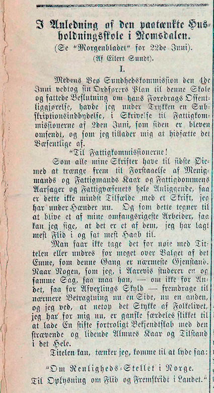 Figur 1 Faksimile fra Morgenbladet 2. juli 1868 der Eilert Sundt angrep sunnhetskommisjoners &laquo;s&aring;kaldte sundhedsregler&raquo; i&hellip;