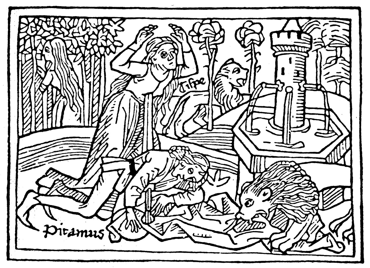 Figur 8 Thisbe finner den d&ouml;de Pyramus och sl&auml;nger sig p&aring; hans sv&auml;rd. Tr&auml;snitt I Buccaccios Buch von den ber&uuml;hmten Frauen&hellip;