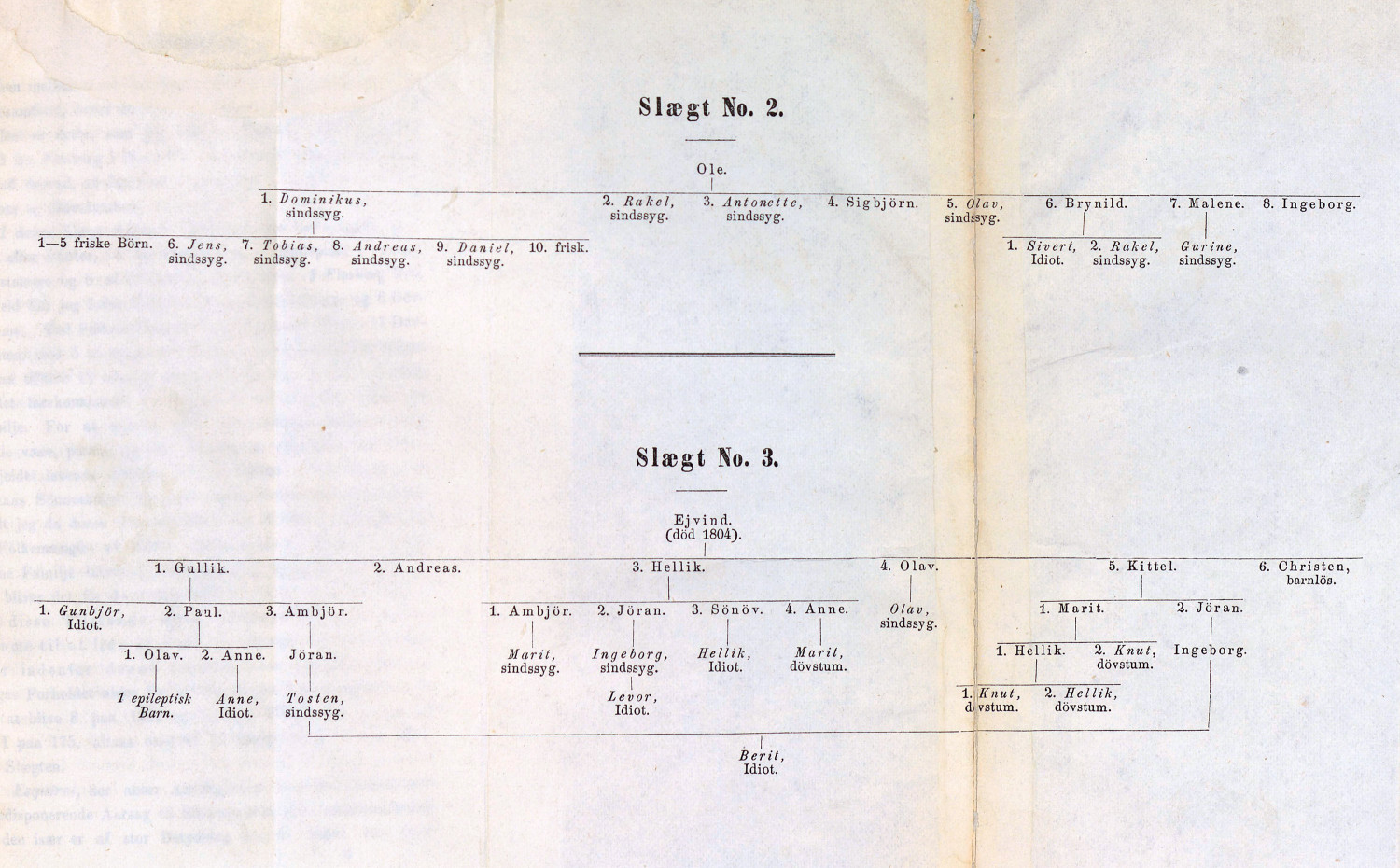 Figur 2 Slektstr&aelig;r som skal illlustrere ulike typer arvegang. Illustrasjon fra Bidrag til Kundskaben om de Sindssyge i Norge&hellip;