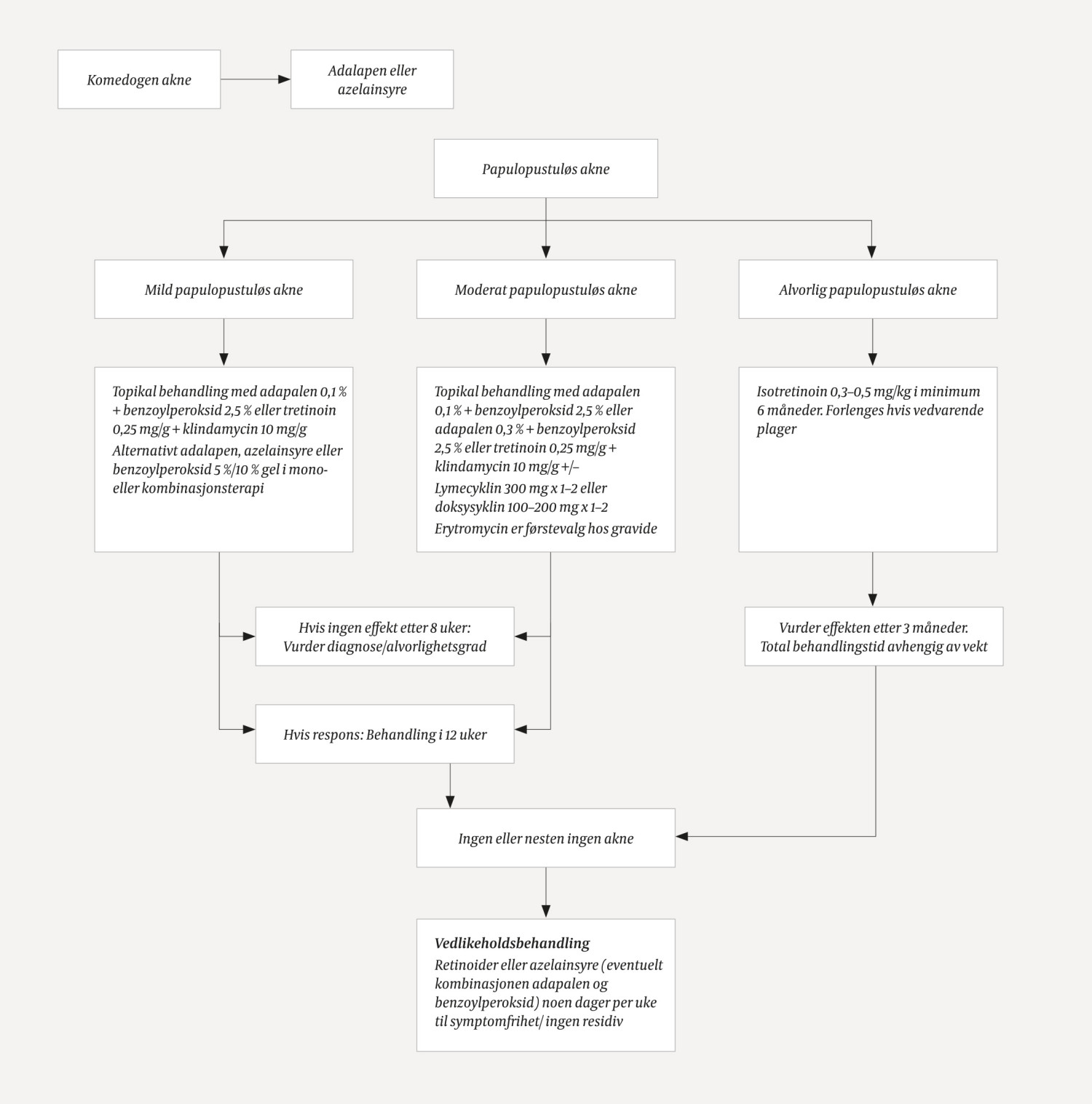 Figur 1 Algoritme for behandling av akne, utarbeidet av forfatterne.