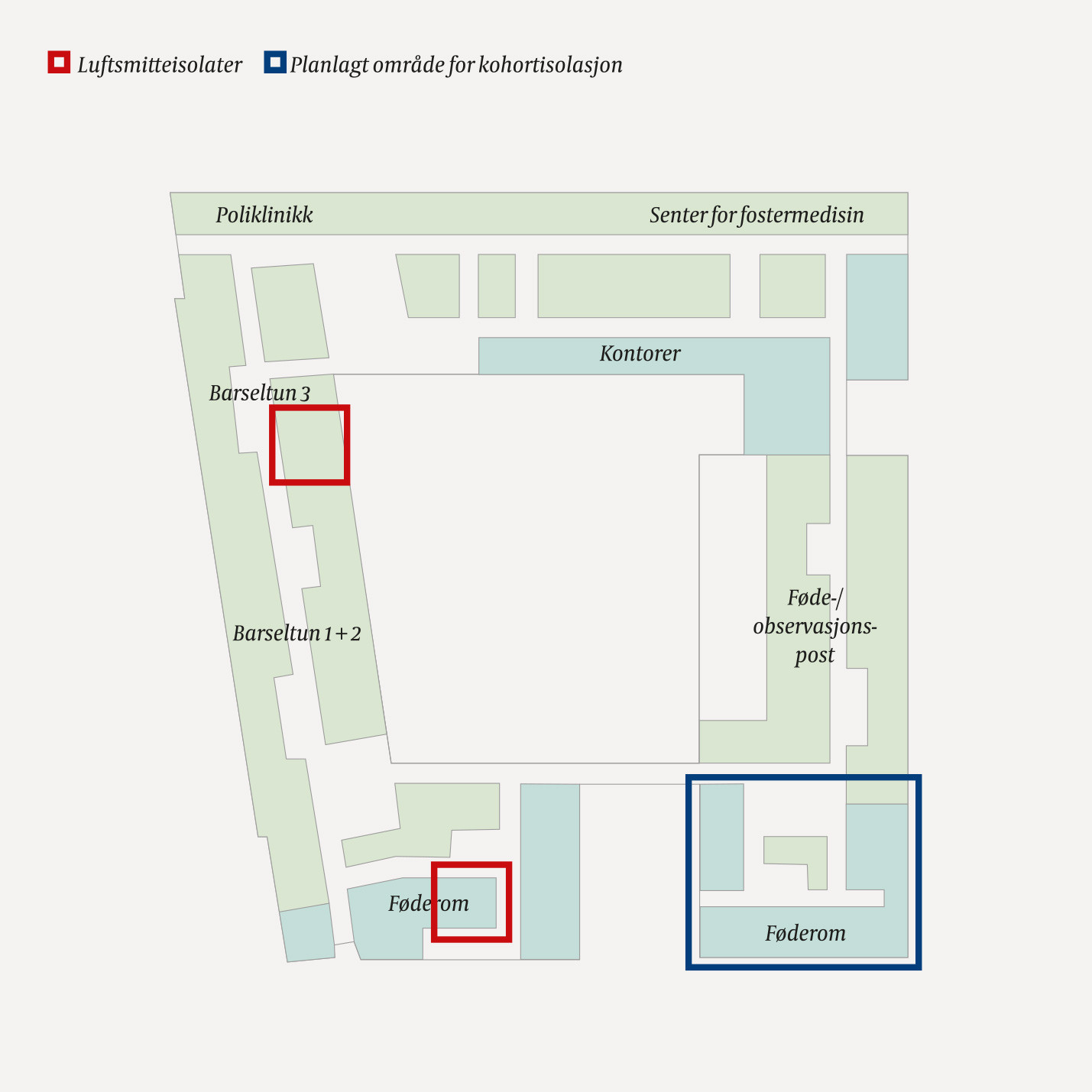 Figur 1 Etasjeskisse for observasjonspost, f&oslash;de- og barselavdelinger og Senter for fostermedisin. R&oslash;de kvadrater er&hellip;