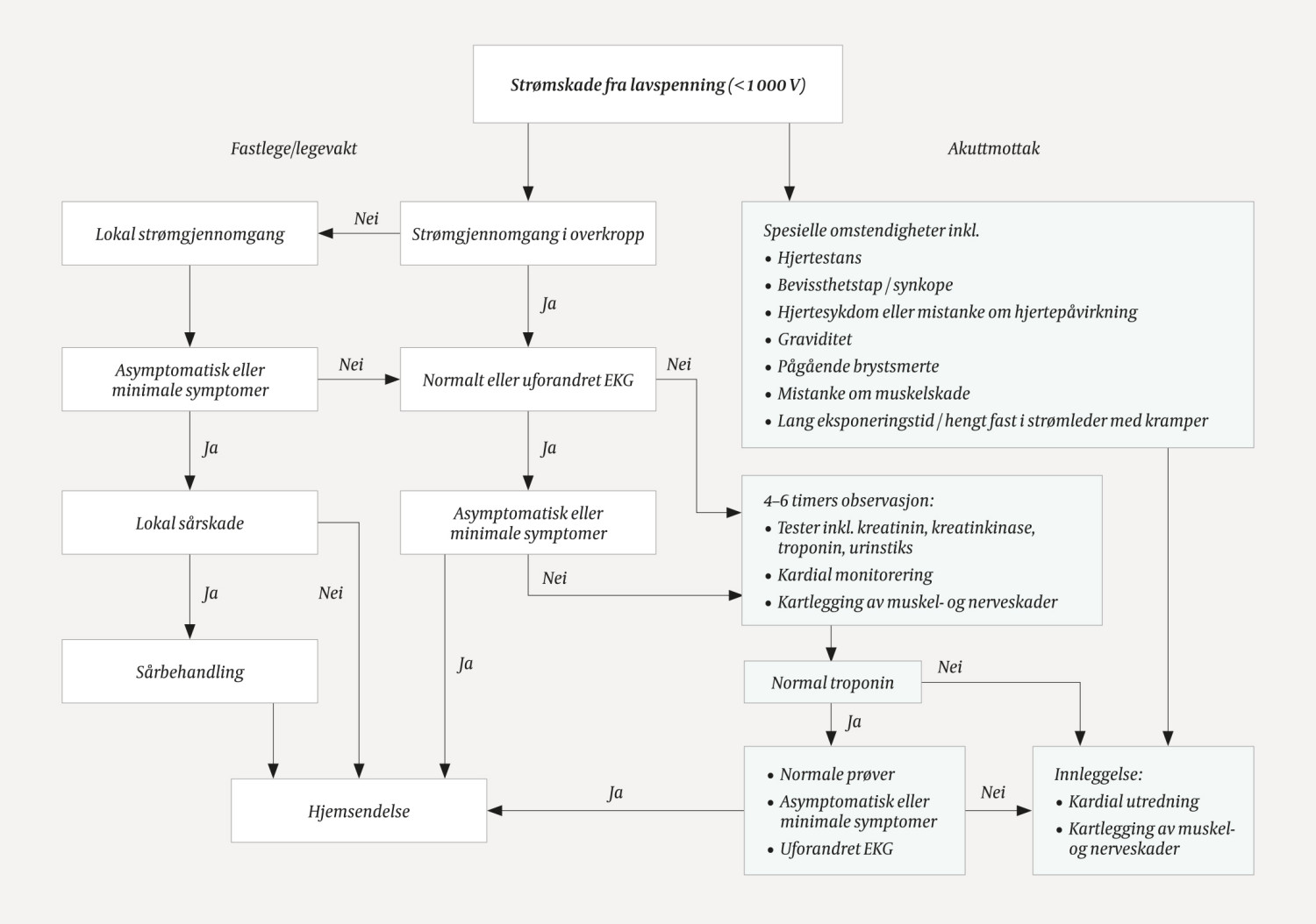 Figur 1 Forslag til algoritme for akutt h&aring;ndtering av pasienter etter str&oslash;mgjennomgang fra lavspenning. Vurderingsmomenter i&hellip;