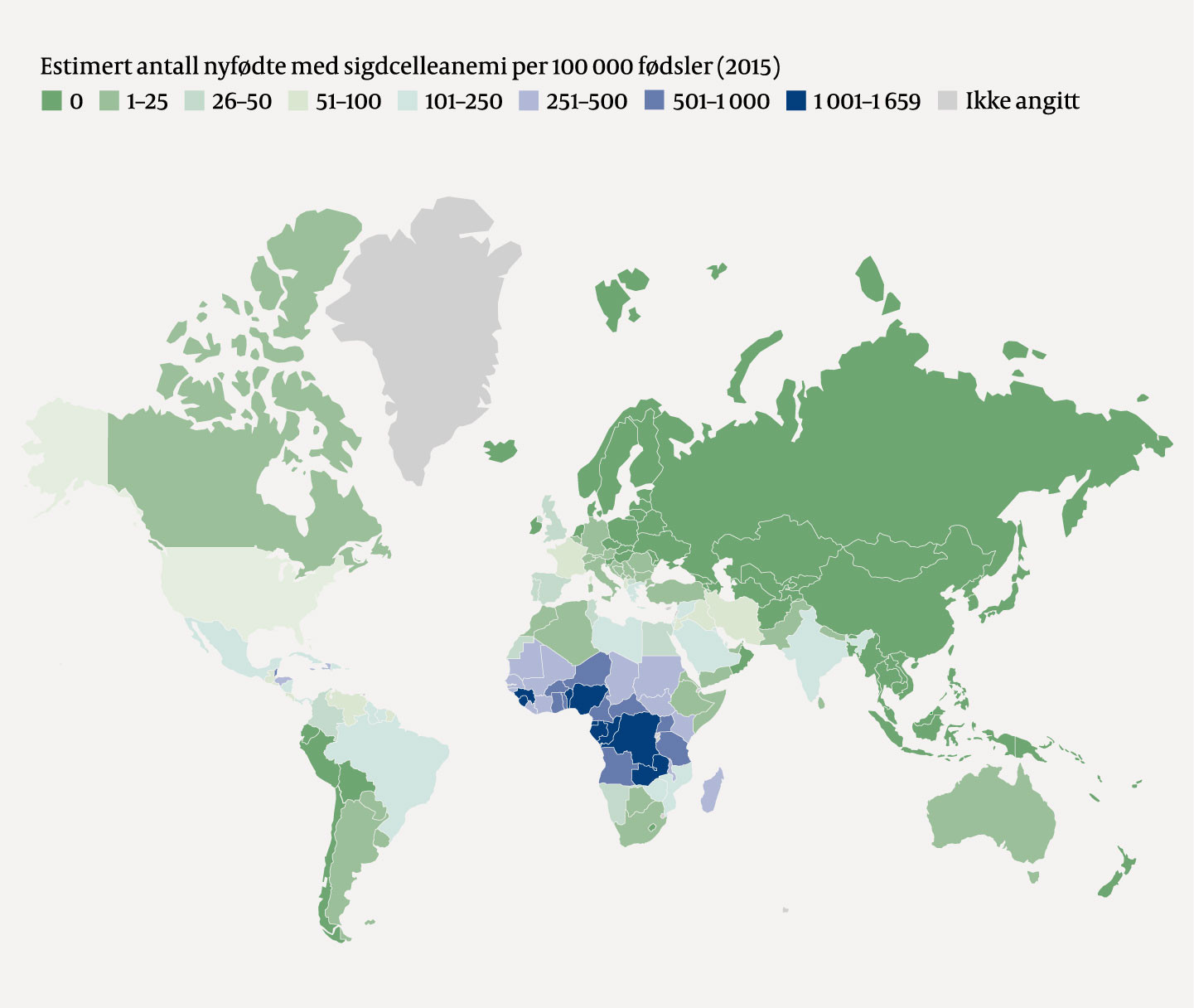 Figur 1 Verdenskart over estimert antall nyf&oslash;dte med sigdcelleanemi (HbSS-genotype) per 100&nbsp;000 f&oslash;dsler i 2015, basert p&aring;&hellip;