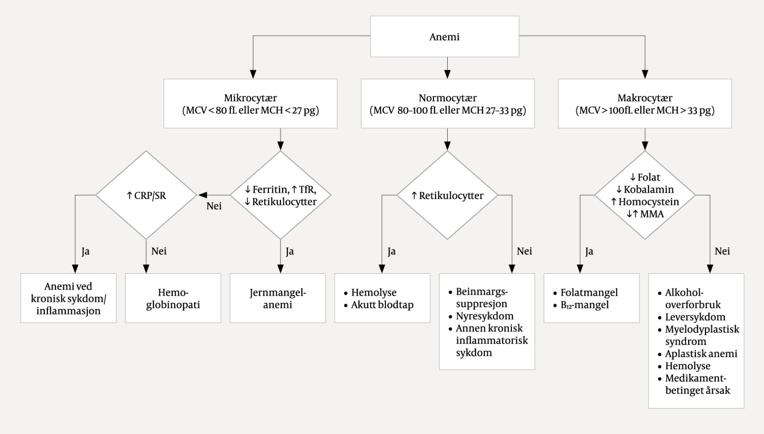 Figur 1 Forenklet flytskjema ved utredning av anemi med de vanligste differensialdiagnosene (2). MCV = middel&hellip;
