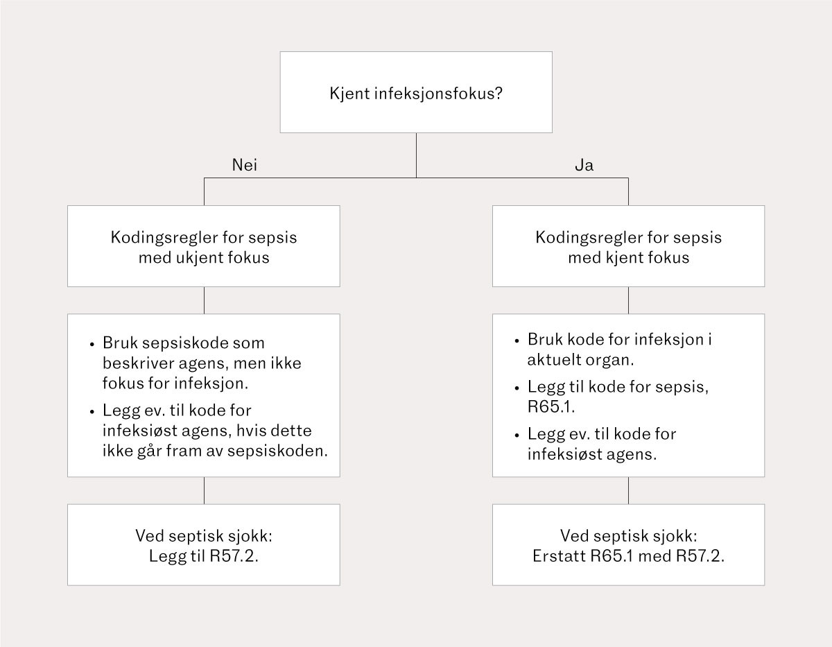 Figur 1 Oppsummering av koding ved sepsis og septisk sjokk (gjengitt med tillatelse fra Nasjonal kodeveileder, utgave 2022) &hellip;