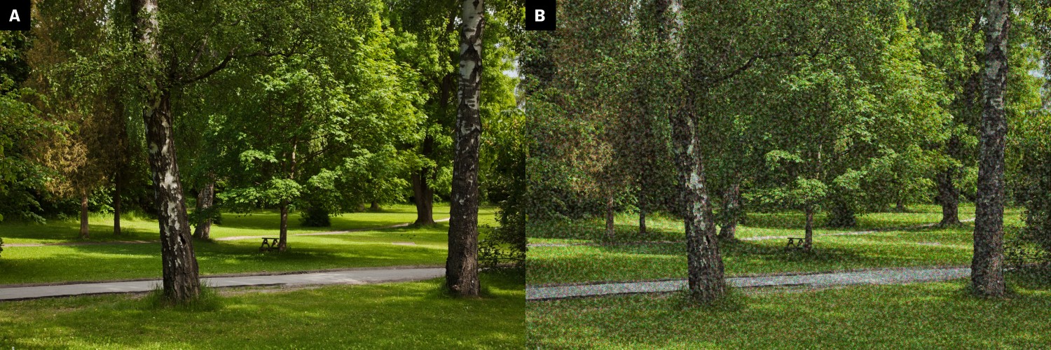 Figur 1 a) Et normalt synsfelt uten synsforstyrrelser og b) fors&oslash;k p&aring; &aring; illustrere synsforstyrrelsen visuell sn&oslash; slik den&hellip;