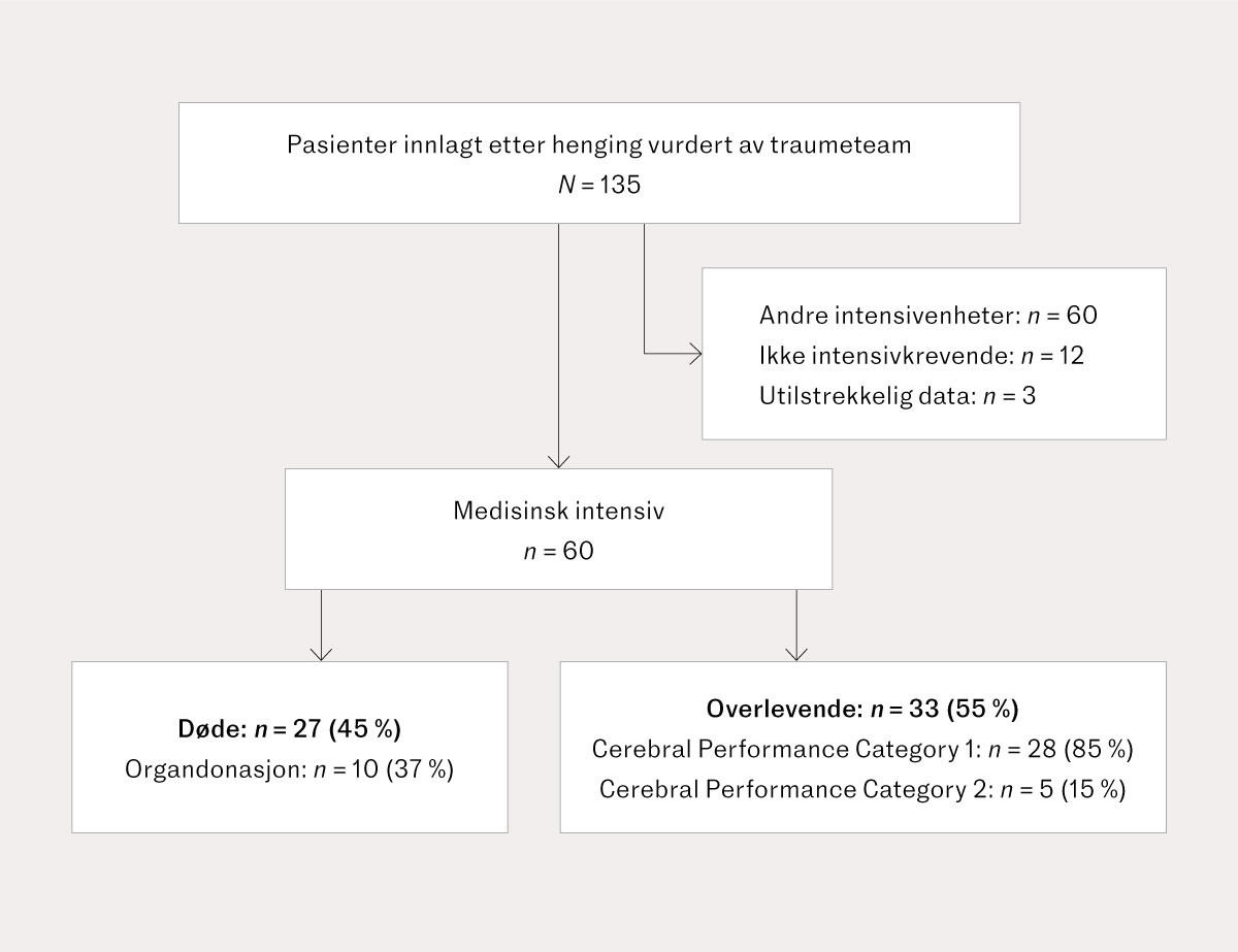Figur 1 Flytskjemaet viser inklusjon av pasienter innlagt etter hengning (n = 60) ved Medisinsk intensiv p&aring; Oslo&hellip;
