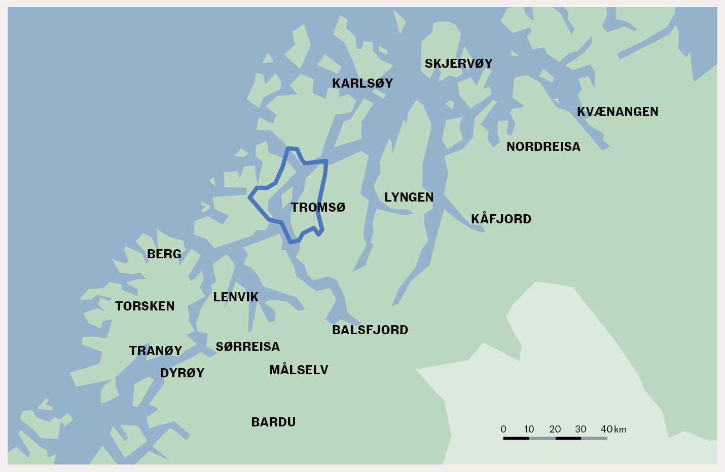 Figur 2 Kart over inkluderte kommuner i studien i henhold til kommunedelingen i 2019 og den definerte geografiske grensen&hellip;