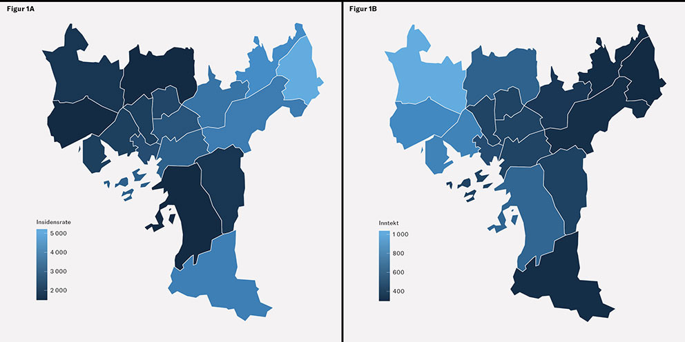 Figur 1 Figuren viser insidensrate per 100&nbsp;000 for covid-19 de 250 f&oslash;rste dagene av pandemien a), og gjennomsnittlig inntekt&hellip;