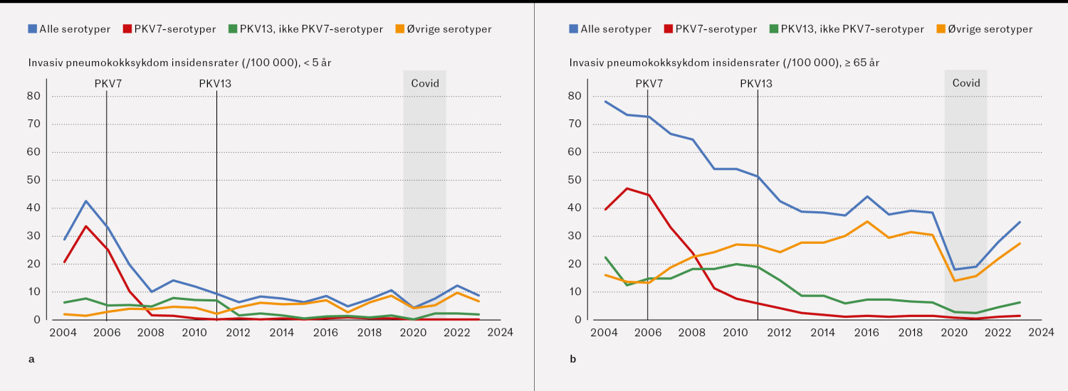 Figur 2 Serotypefordelte insidensrater av invasiv pneumokokksykdom per 100&nbsp;000 i Norge I perioden 2004&ndash;23 for de to&hellip;