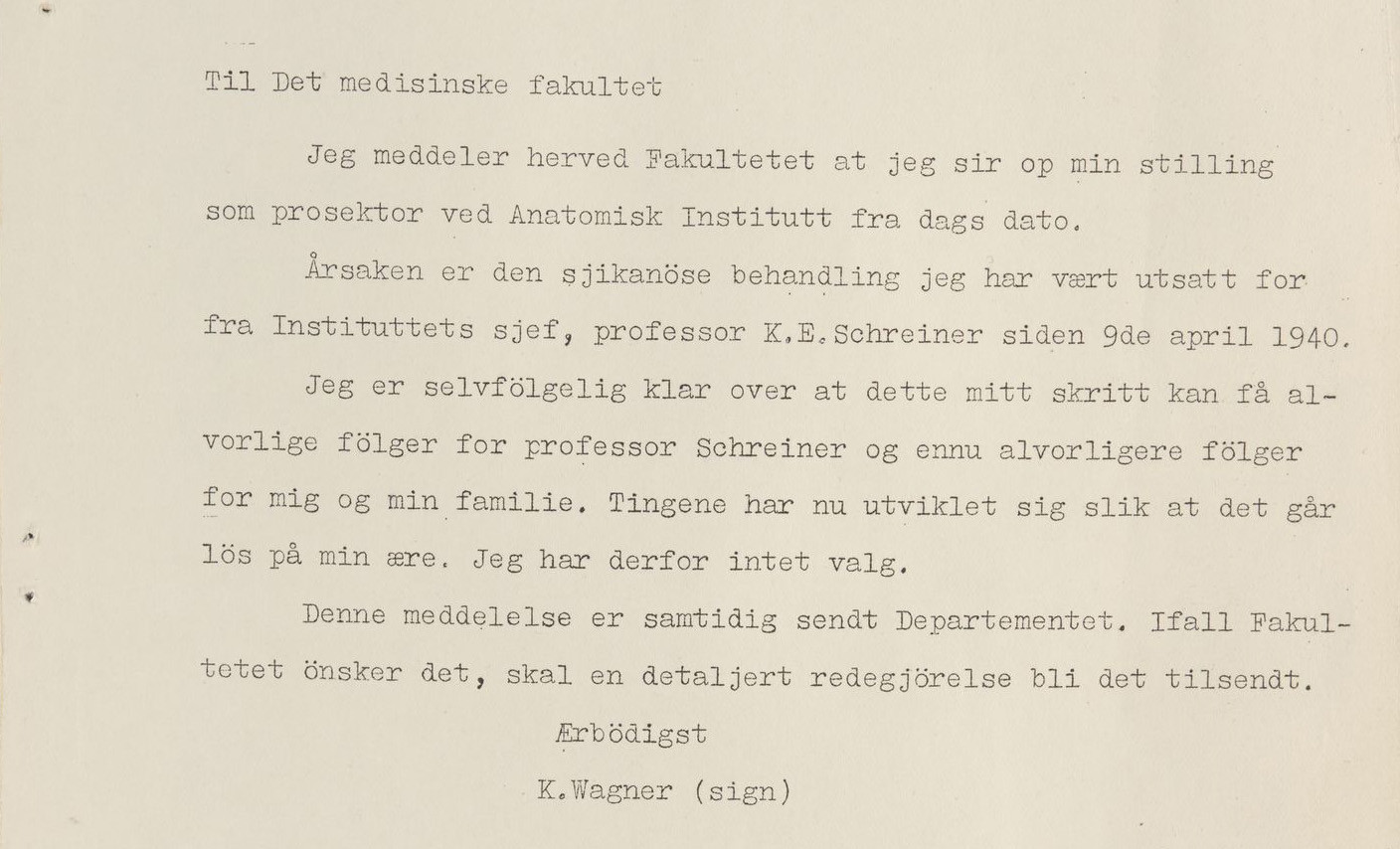 Figur 4 Wagners oppsigelse fra 20.&nbsp;januar 1941 (8, s. 58). Faksimile: Landssvikarkivet