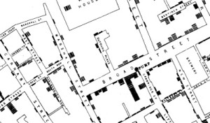 Figur 3  Kartet som viser kolerad&oslash;dsfall i Broad Street-omr&aring;det i Soho, London, fra 19. august til 30. september 1854. En&hellip;