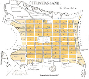 Kart over bostedet til de kopperrammede i Kristiansand i epidemien i 1867. Et koppertilfelle utgj&oslash;r en prikk. Kartgrunnlag&hellip;