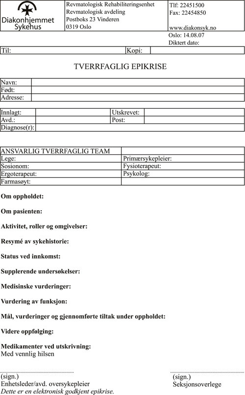 Figur 2  Mal for tverrfaglig epikrise brukt ved revmatologisk rehabiliteringsenhet ved Diakonhjemmet sykehus