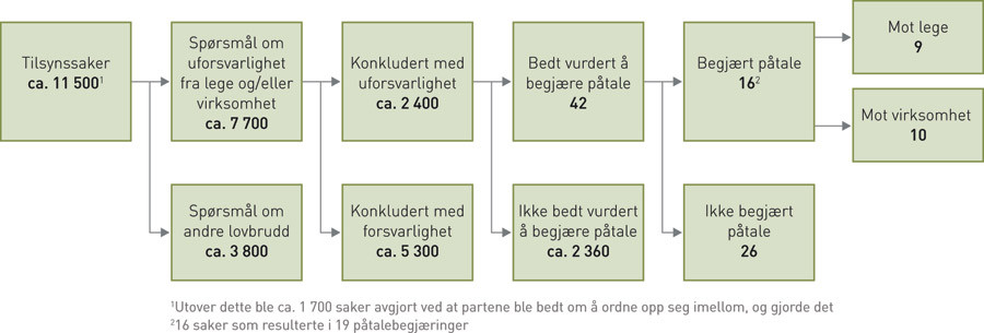 Figur 1  Antall tilsynssaker der leger og/eller virksomheter har handlet uforsvarlig som endte med p&aring;talebegj&aelig;ring