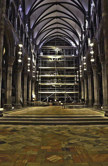 Nidaros Cathedral, apse and octagon (2011). The high altar has been replaced by 20 metre high scaffolding. Photo: Nidaros&hellip;