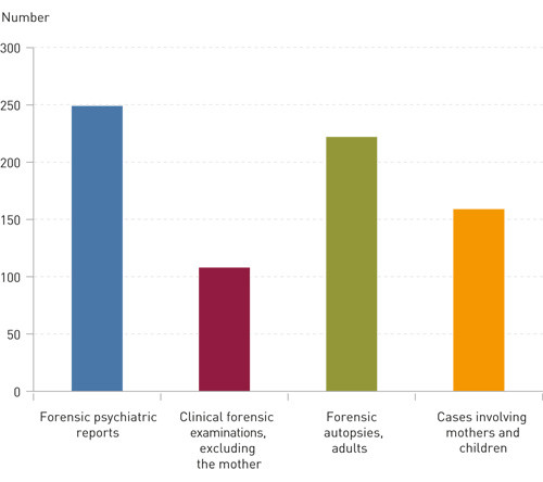 Figure 1  The archives of the Norwegian Board of Forensic Medicine 1910 to 1912, distribution by type of case (N = 738)