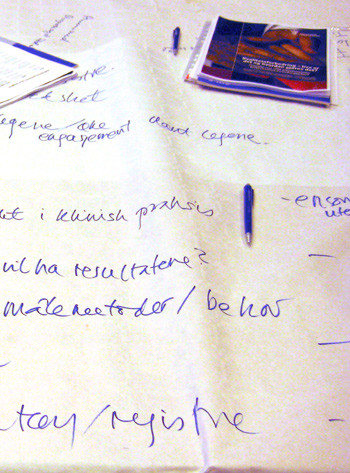 Parpirduken p&aring; kaf&eacute;bordene ble flittig brukt under diskusjonene. Foto Lise B. Johannessen