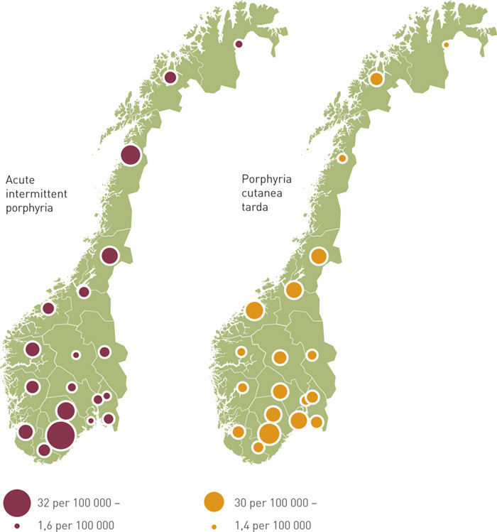 Figure 3  Prevalence by county, per 100 000 inhabitants, of acute intermittent porphyria (n = 323) and porphyria cutanea&hellip;