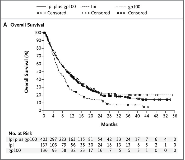 Figur 1  Overlevelseskurve for behandling med ipilimumab eller ipilimumab kombinert med kreftvaksinen gp100 versus gp100&hellip;