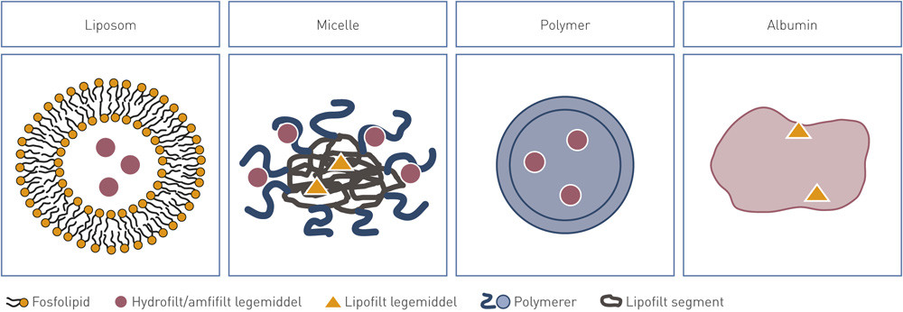 Figur 1  Illustrasjon av ulike nanopartikler i kreftterapi