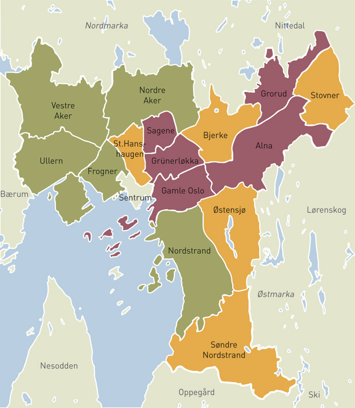 Figure 2  Oslo city districts divided into living conditions groups. Living conditions group I (green) has the best living&hellip;
