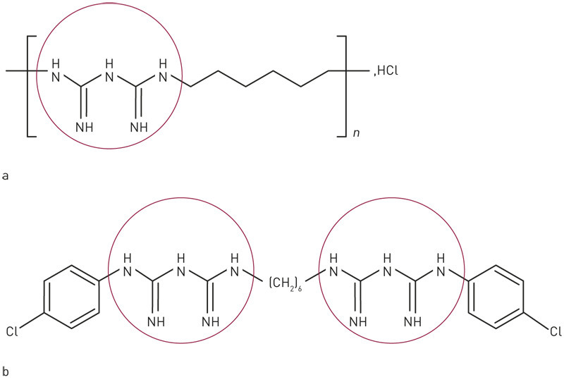 Figure 2  Structural formula for a) PHMB and b) chlorhexidine. The biguanide groups are marked. The chemical structure of&hellip;