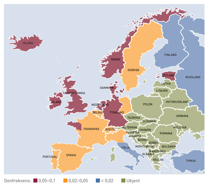 Figure 4  Map showing the spread in Europe of the most important haemochromatosis mutation, C282Y. The highest prevalence is&hellip;