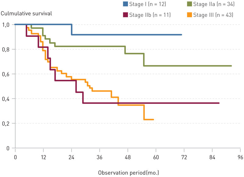 Figure 2  Estimated survival for R0 resections at TNM stages I &ndash; III