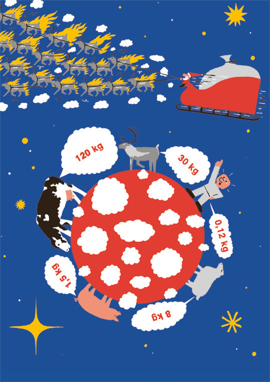 Julenissens lange pakkeutdelingsferd kan ha alvorlige milj&oslash;konsekvenser for v&aring;r klode. Illustrasjon: Espen Friberg