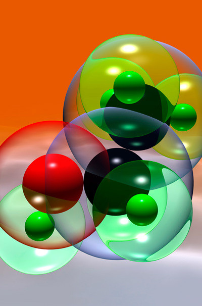 Modell av etylalkoholmolekyl. Her er karbon vist i svart, oksygen i r&oslash;dt og hydrogen i gr&oslash;nt. Foto: Science Photo Library