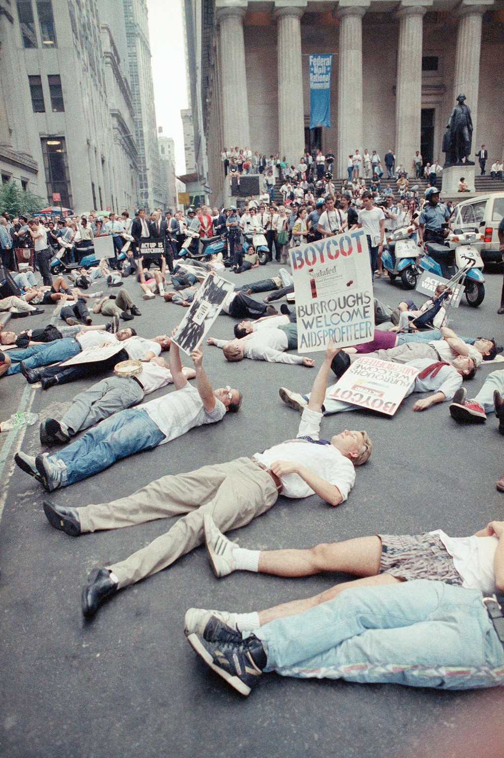 Activists demonstrating against high costs of the AZT drug in front of the New York Stock Exchange on 14 September 1989&hellip;