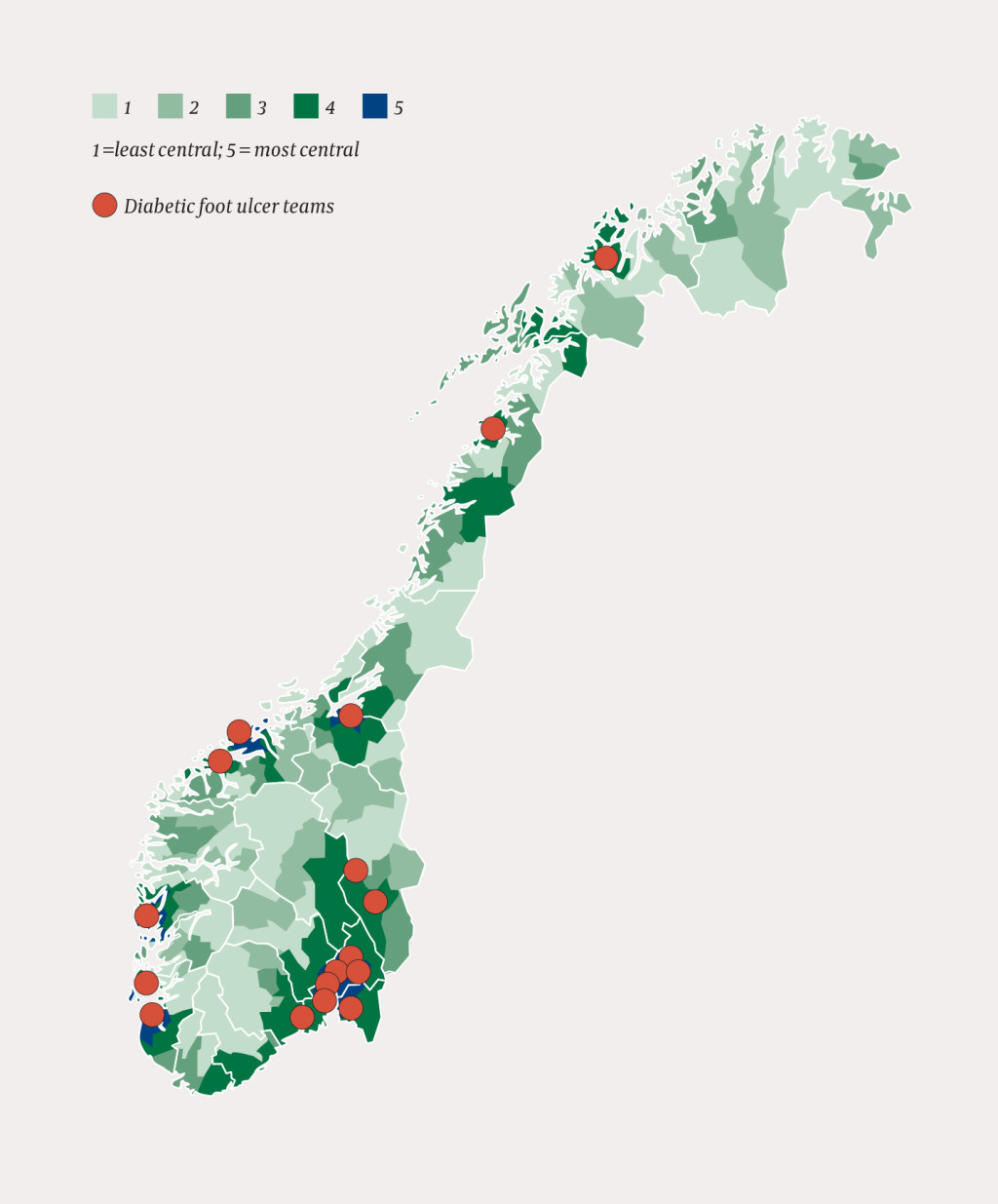 Figure 1 Geographic distribution of diabetic foot ulcer teams (n = 17). Areas marked with the darkest colour have the&hellip;