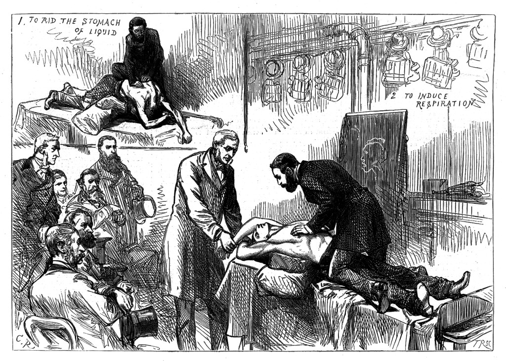 Demonstrasjon av gjenopplivingsmetoden brukt av dr. Howard fra New York. Illustrasjon: Wellcome Collection, lisensiert under&hellip;