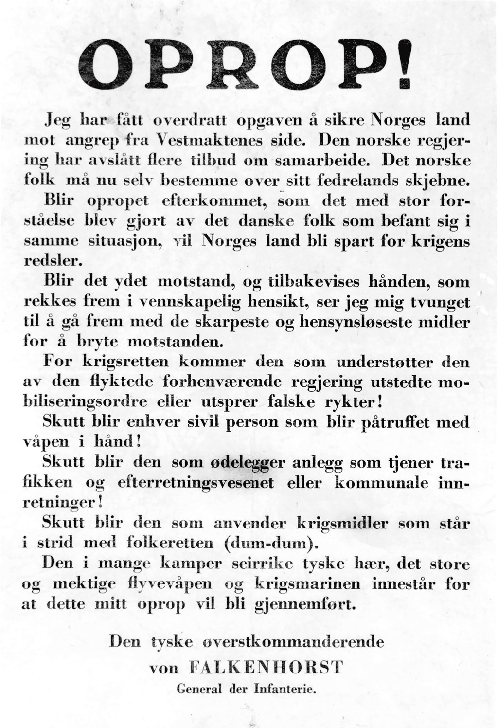 Figur 1 Oppropet fra Den tyske &oslash;verstkommanderende von Falkenhorst, General der Infanterie. Faksimile: Eidsvoll museum,&hellip;