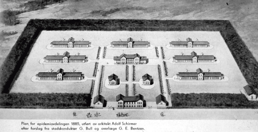 Figur 1 Planskisse av Ullev&aring;l sykehus fra 1887. Trebygg nr. 2 til venstre er dagens Ullev&aring;l museum. P&aring; plenen mellom&hellip;