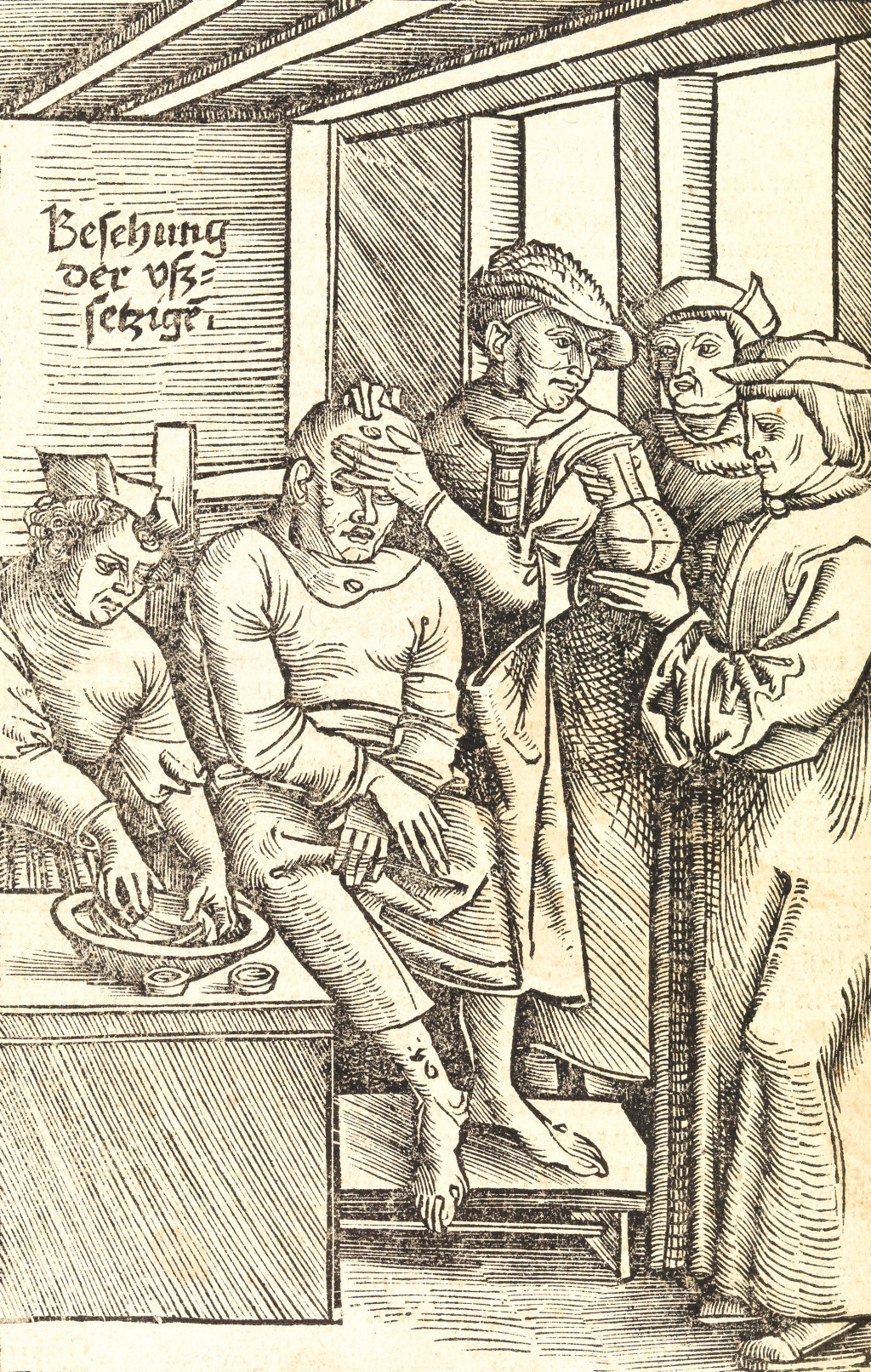 Unders&oslash;kelse av en spedalsk. Tresnitt i Feldtbuch der Wundarzney av Hans von Gersdorff, 1517. Illustrasjon: Wellcome&hellip;