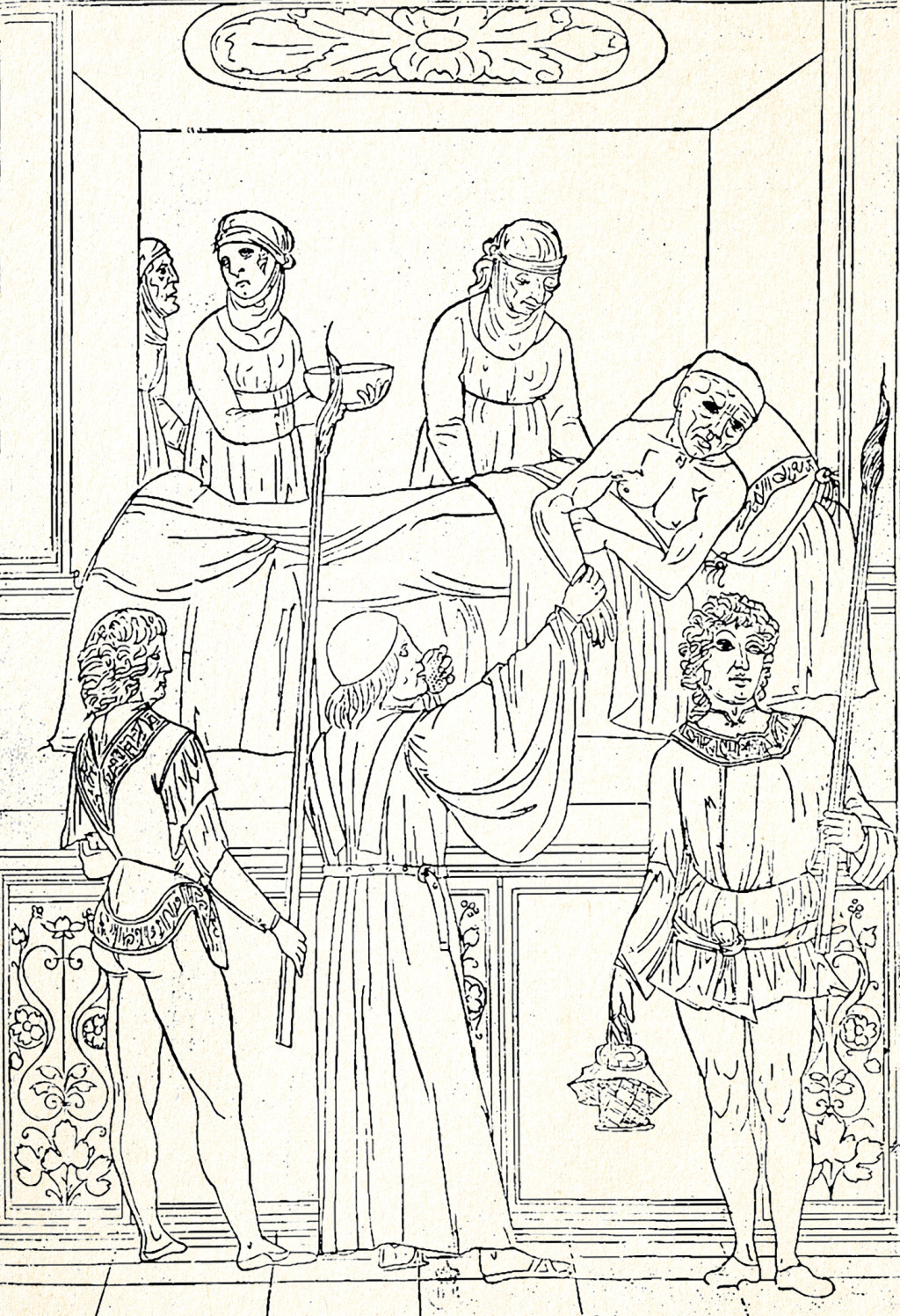 Lege p&aring; bes&oslash;k hos en pestsyk. Legen holder en svamp som beskyttelse foran nese og munn. Assistenten b&aelig;rer en fakkel for &aring; &hellip;