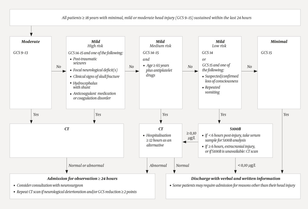 Figure 1 Flowchart for the initial management of minimal, mild or moderate head injuries in adults (1).