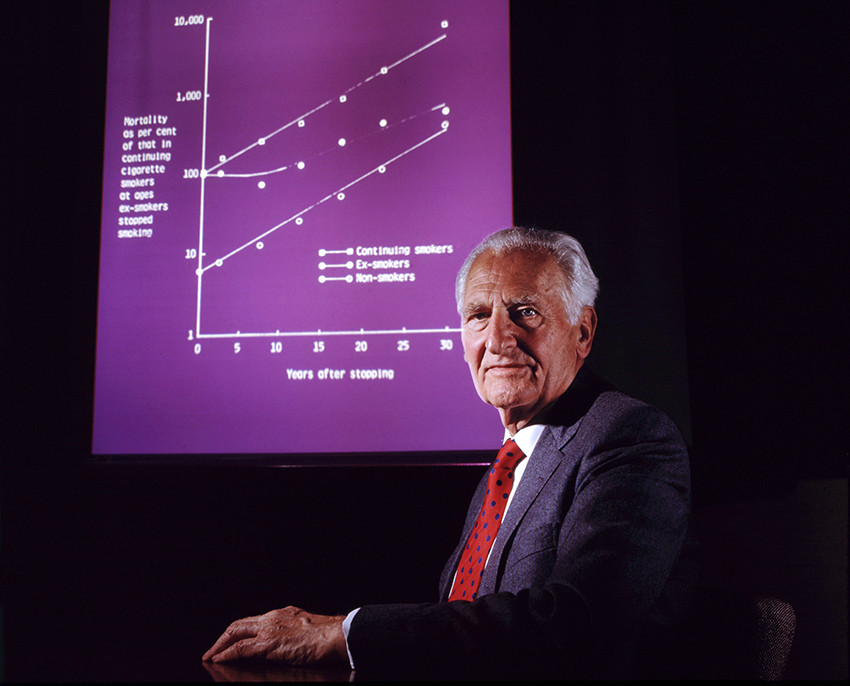 Richard Doll (1912-2005) fotografert i 1989 med en av hans grafer over r&oslash;ykeres mortalitetsrate. Foto: Science Photo Library&hellip;