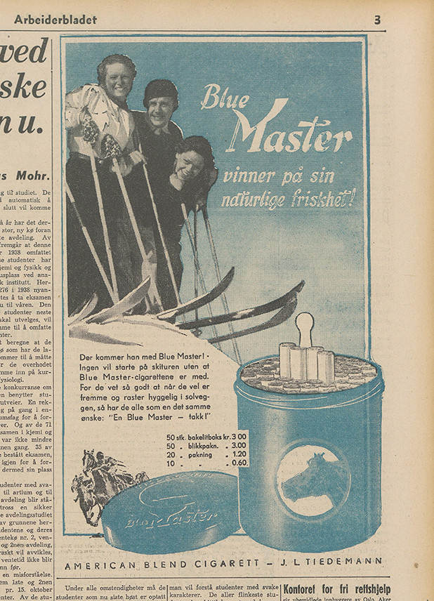 Norsk reklame i Bergens Arbeiderblad 16. mars 1940. Faksimile: Nasjonalbiblioteket