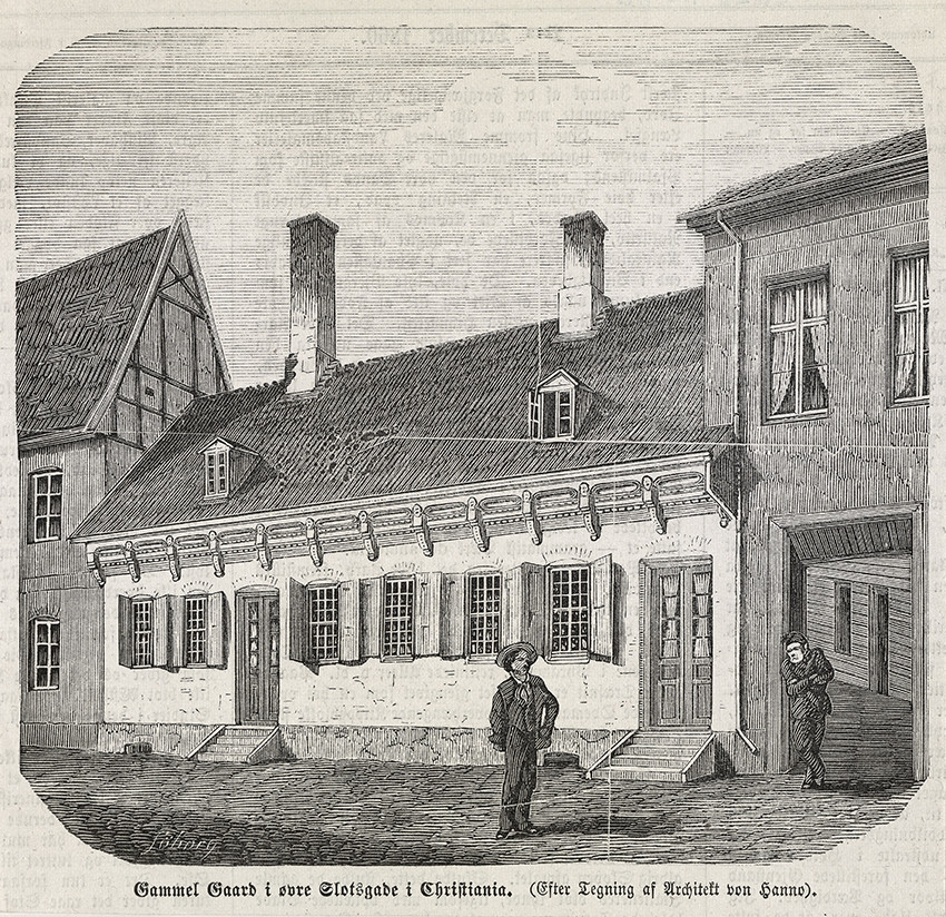 Figur 2 &Oslash;vre Slottsgate 2. Her bodde anatomiprofessor Michael Skjelderup (1769&ndash;1857) i en &aring;rrekke. Xylografi etter tegning&hellip;