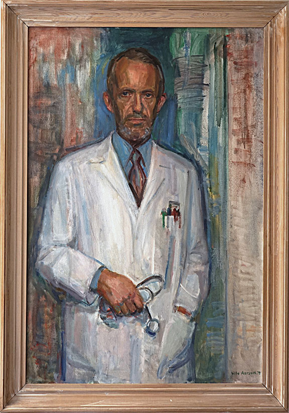 Figur 3 Fred Lange-Nielsen (1919&ndash;89) malt av Ville Aarseth (1899&ndash;1985) i 1979. Maleriet henger i bygg 3 (medisinsk bygning),&hellip;