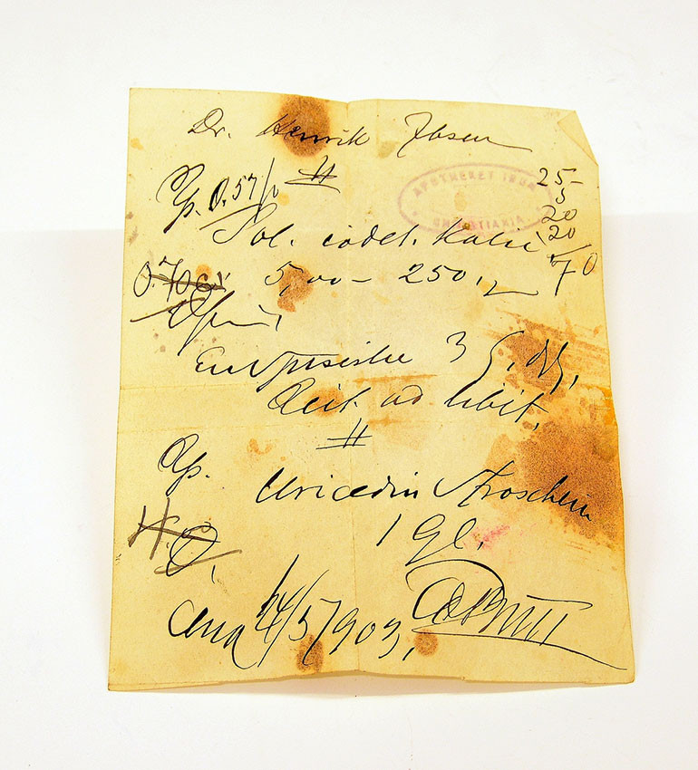 Figure 2 Prescription issued by Henrik Ibsen's doctor, Edvard Bull, on 24&nbsp;May 1903, for potassium iodide and uricedin (1,&hellip;