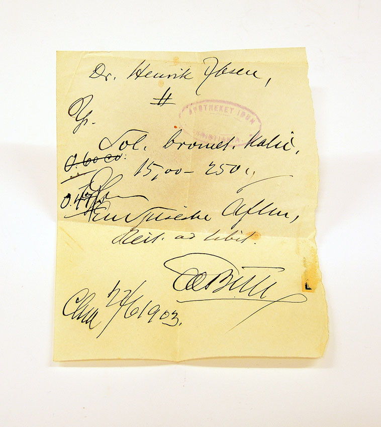 Figure 3 Prescription written by Henrik Ibsen's doctor, Edvard Bull, on 22&nbsp;June 1903, for potassium bromide (1, image 11).